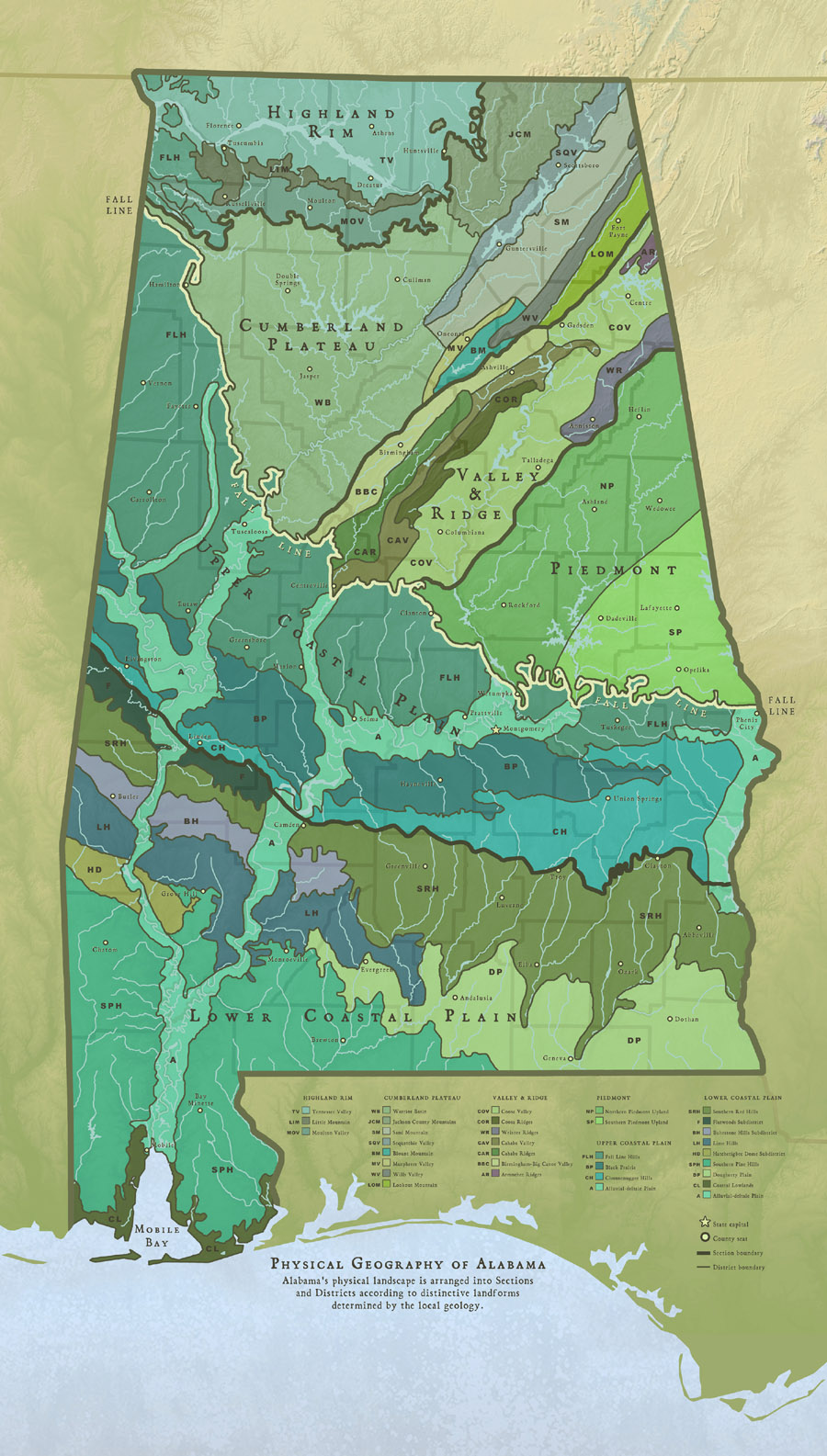 Map of the physical geography of Alabama by Karen Carr