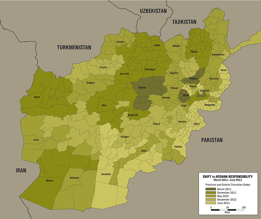 Map: Shift to Afghan Responsibility, Troop Levels by Karen Carr