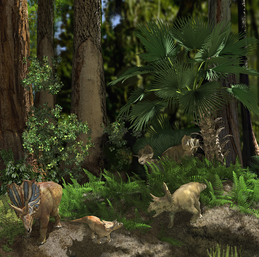 Agujaceratops and plant community detail, Witte Museum Coastal Diorama Mural by Karen Carr