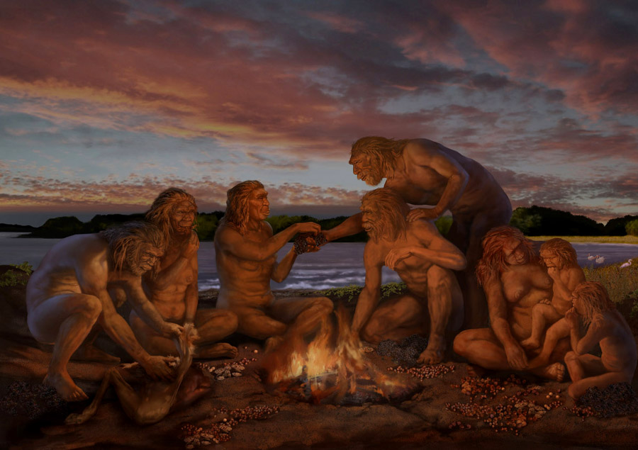 Early humans sharing food at Gesher Benot Ya'aqov by Karen Carr